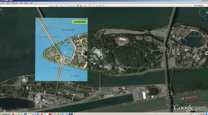 Plan de l'Expo67 appliqué sur une vue par satellite (Google Earth) des îles Saine-Hélène et Notre-Dame.