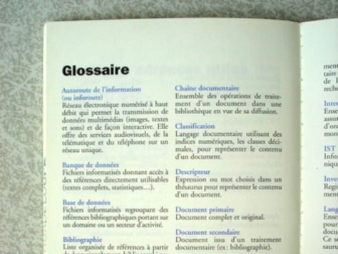 Glossaire, sciences de l'information