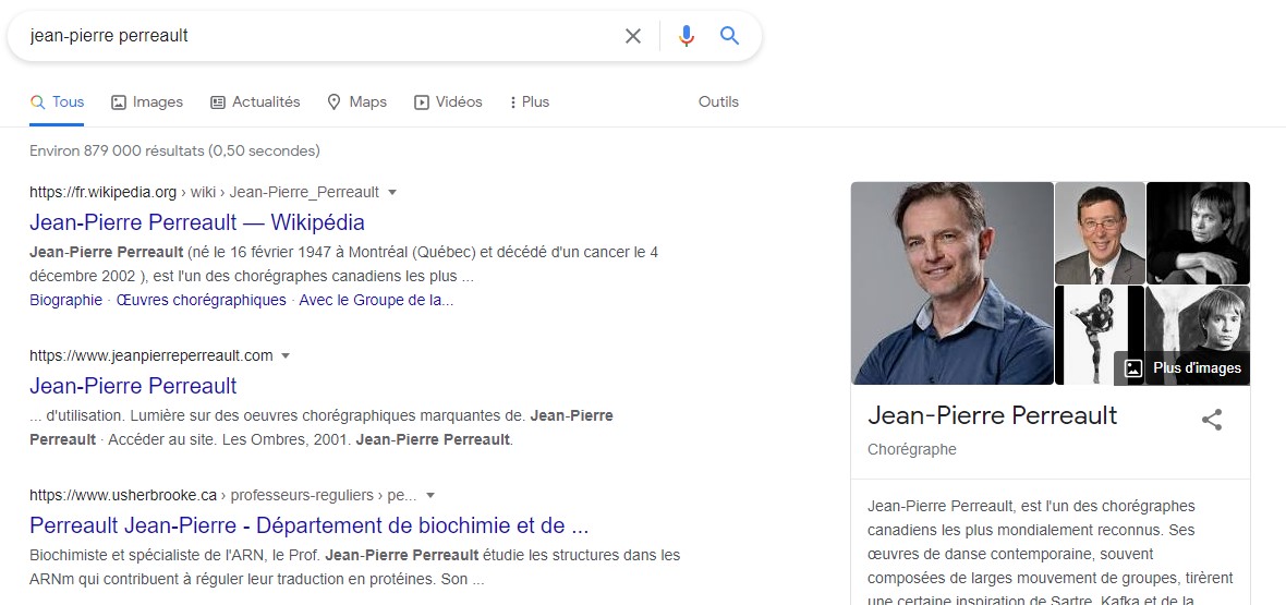 Résultat d'une recherche sur "jean-pierre perreault", avec Google.
