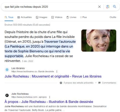 Découvrabilité: extrait optimisé de Google pour la question "que fait Julie Rocheleau depuis 2020".