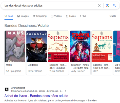 Découvrabilité: résultats enrichis de Google pour recherche de bandes dessinées pour adultes.