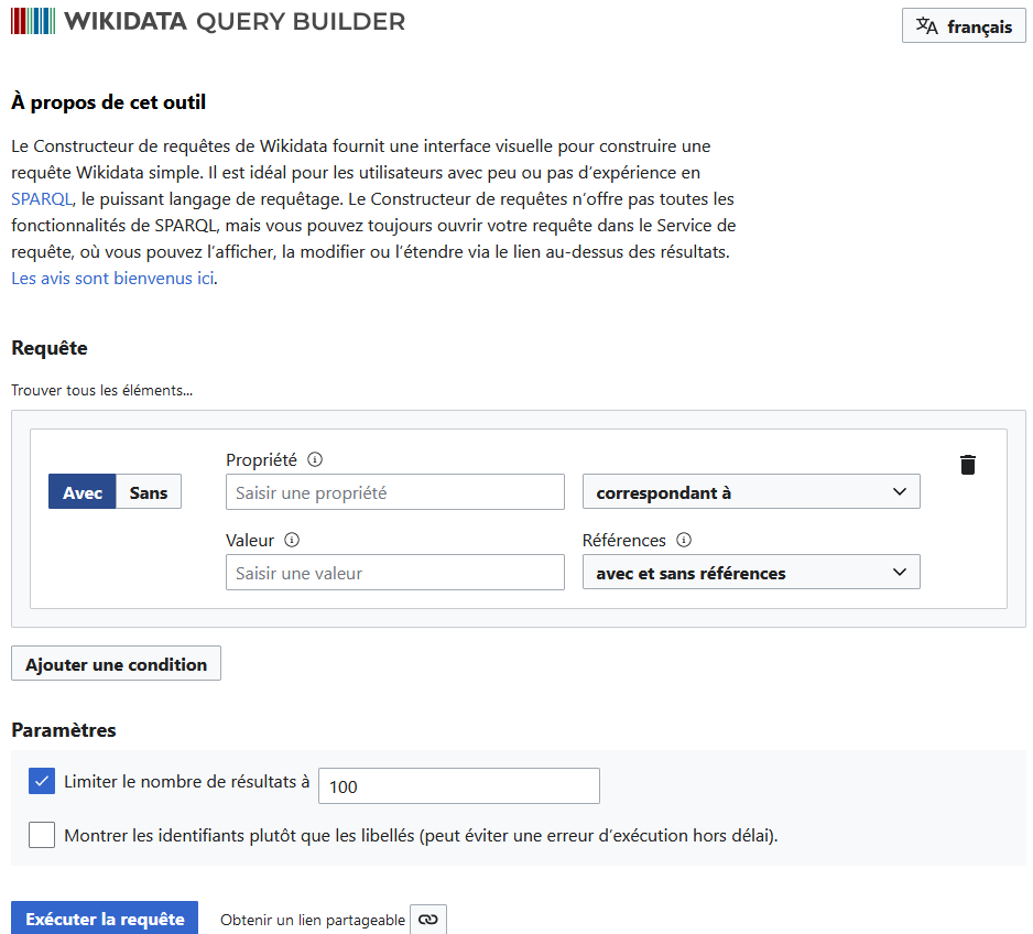 Constructeur de requêtes pour les données de Wikidata.